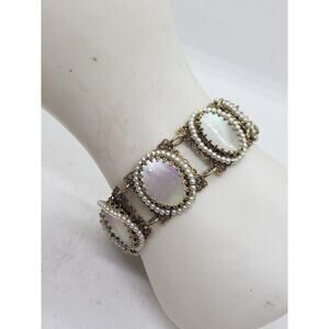 Vintage Filigree Bracelet Mother of Pearl MOP & Faux Pearl Accent Ornate
